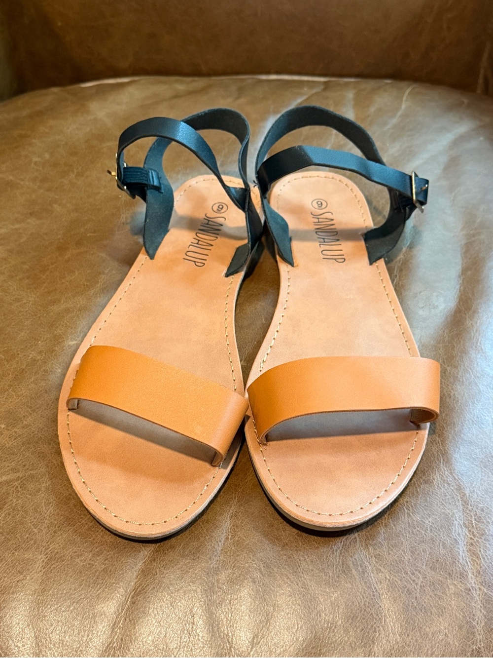Sandalup Women's Black & Tan Leather Strap Sandals- Size 9